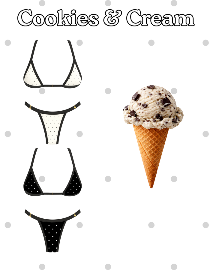 Black and white polka dot bikini set with a cookies and cream ice cream cone on a white background.