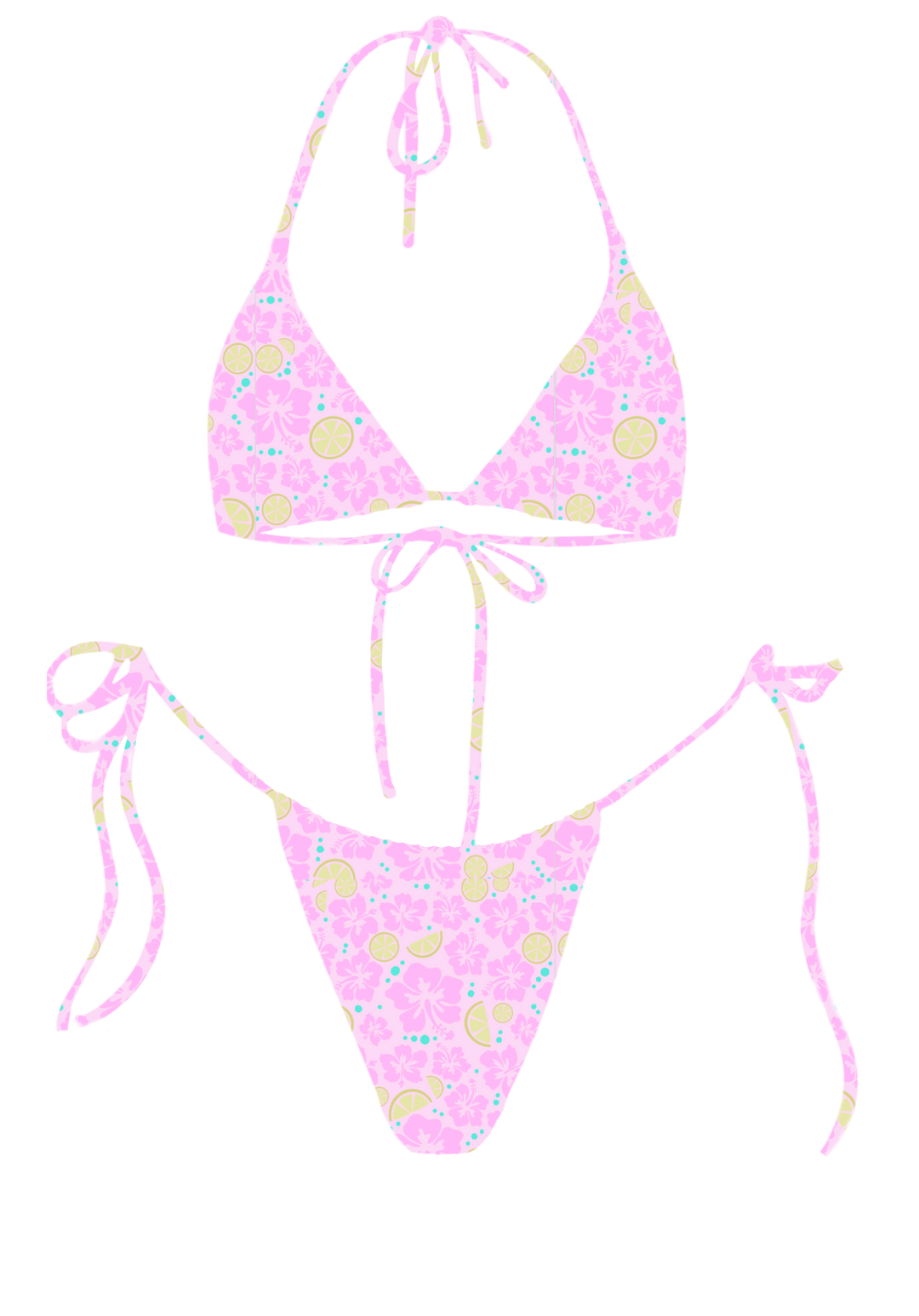 Pink bikini set with lemon and floral print, triangle top and adjustable string bottoms with tie-ends and gold charms