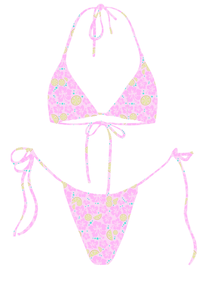 Pink bikini set with lemon and floral print, triangle top and adjustable string bottoms with tie-ends and gold charms