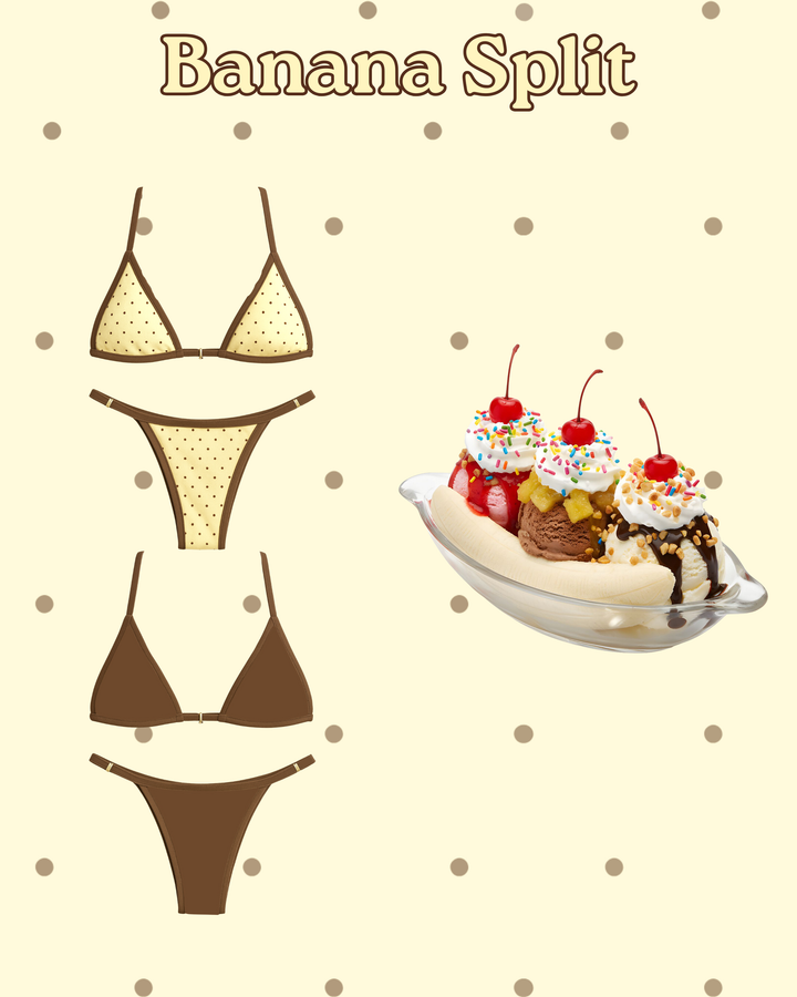 Reversible McKenna swim bottoms in brown and banana split print side by side on polka dot background
