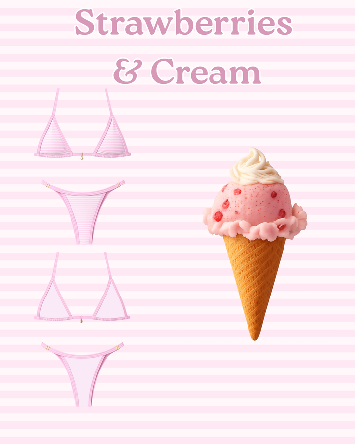 Reversible pink striped bikini tops and bottoms paired with a strawberry and cream ice cream cone on striped background