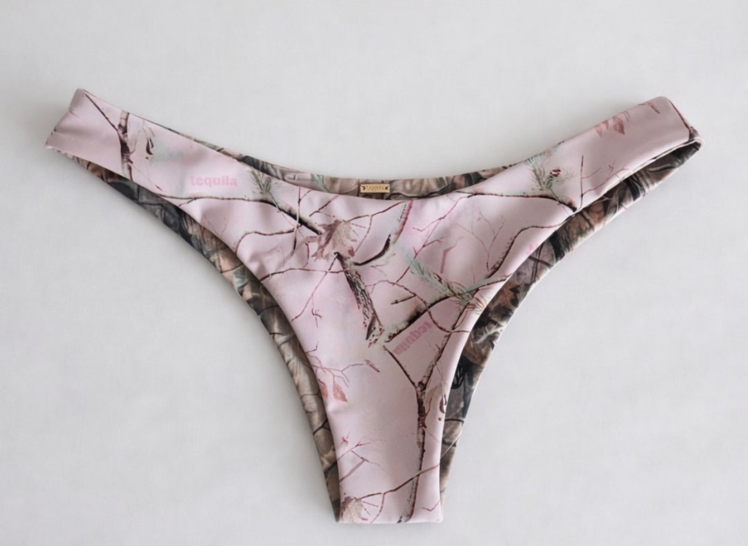 Reversible "Leslie" bikini bottoms with Prairie Girl and Gma’s House prints and white lace trim, medium coverage.