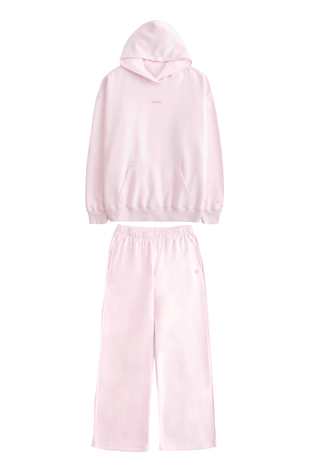 Light pink Bunny Hug hoodie and wide-leg pants set with kangaroo pocket and elastic waistband for casual comfort