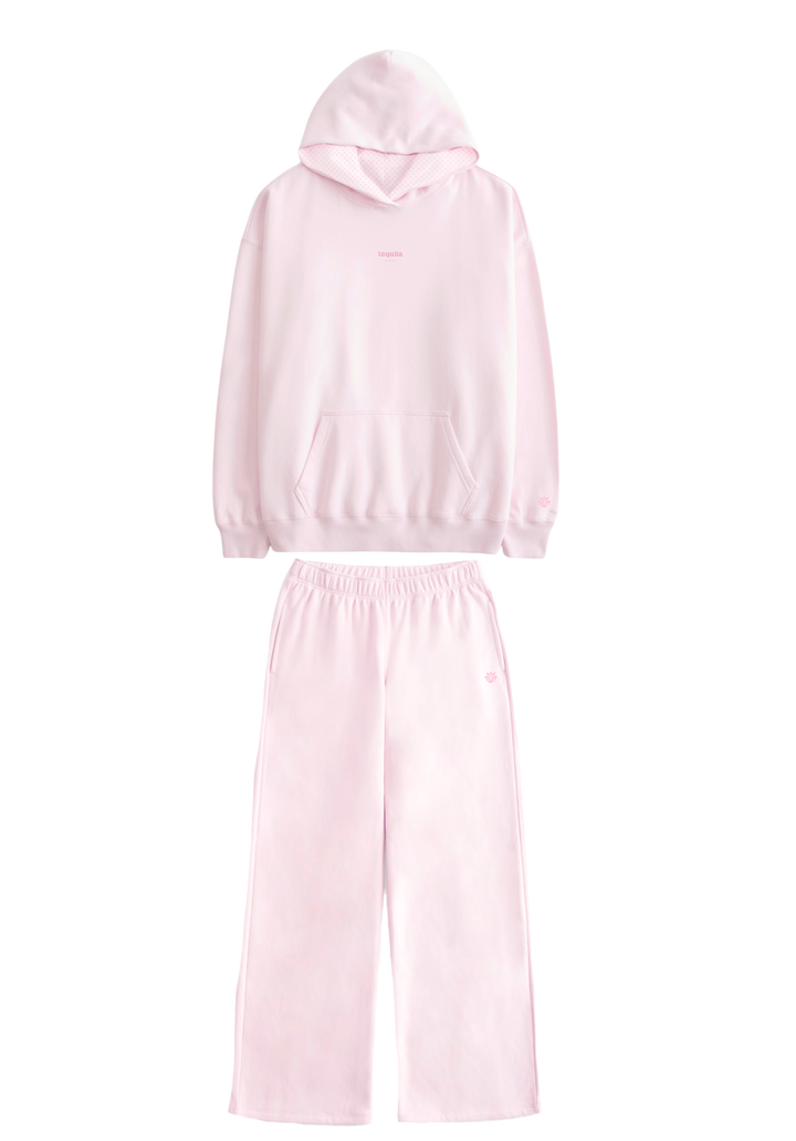 Light pink Bunny Hug hoodie and wide-leg pants set with kangaroo pocket and elastic waistband for casual comfort
