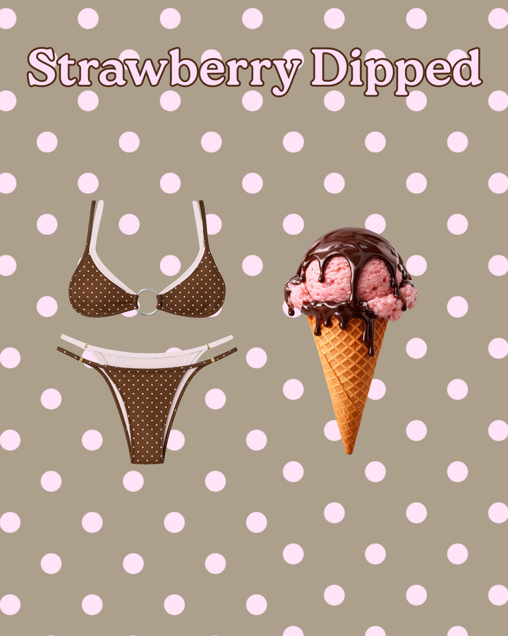 Brown polka dot bikini set with white trim and silver ring detail next to strawberry ice cream cone dipped in chocolate