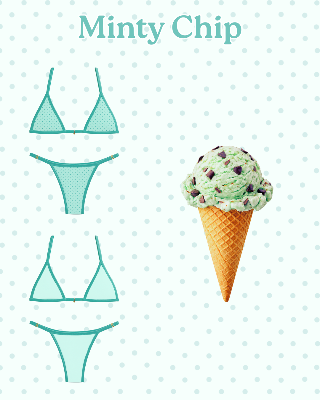 Reversible mint green bikini tops and cheeky bottoms with gold accents shown alongside mint chocolate chip ice cream cone