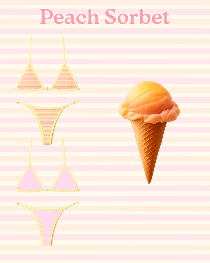 Peach sorbet-themed bikini set with ice cream cone on a striped background