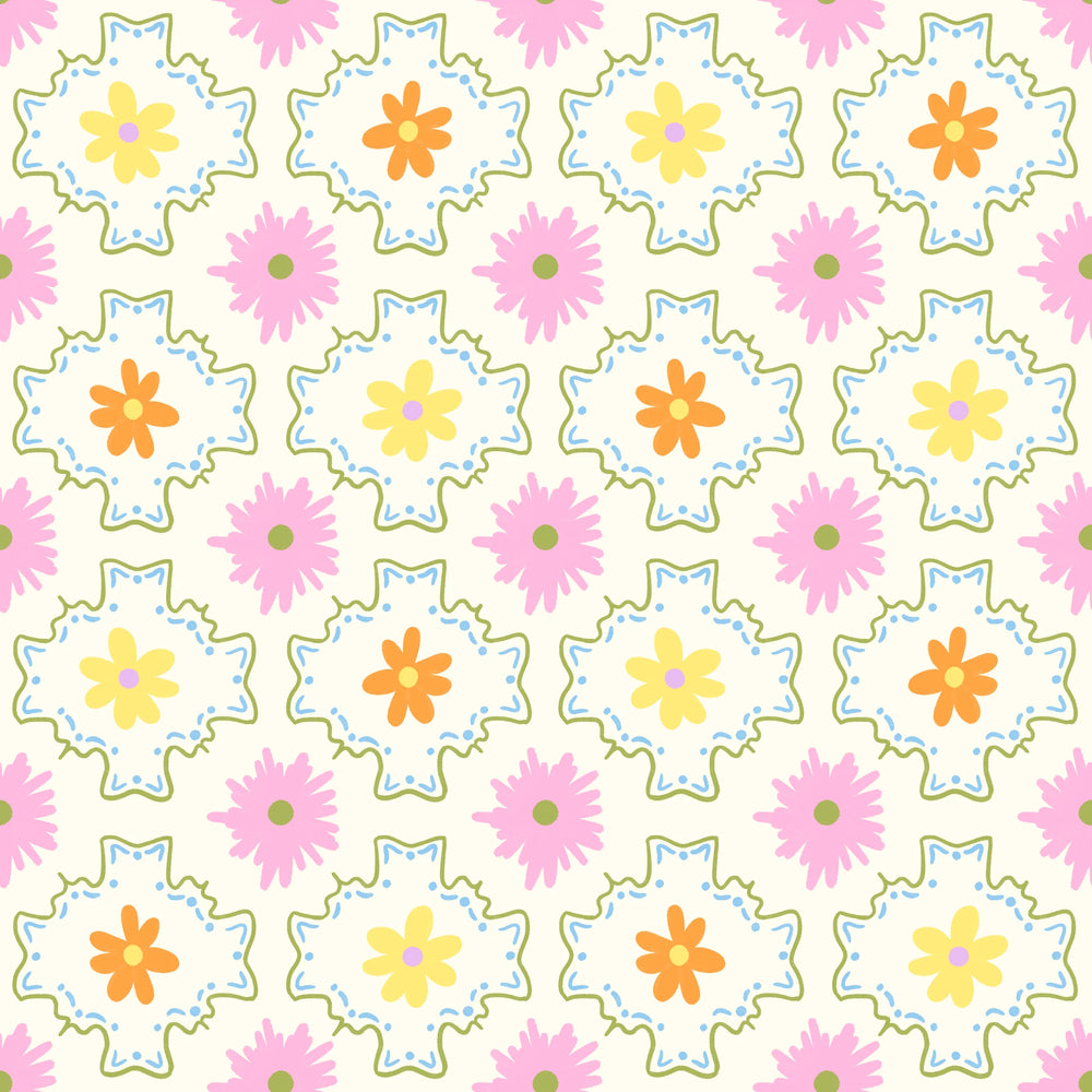 Pattern of colorful flowers on a white background