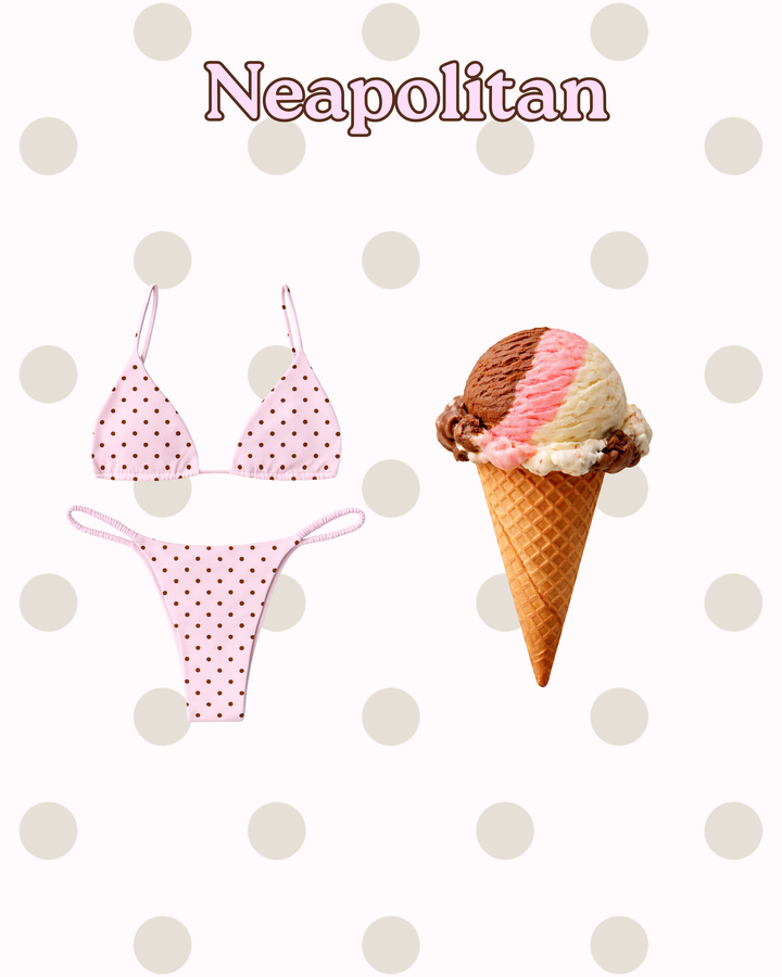 Pink bikini set with small brown polka dots featuring triangle top and minimal coverage bottoms on polka dot background