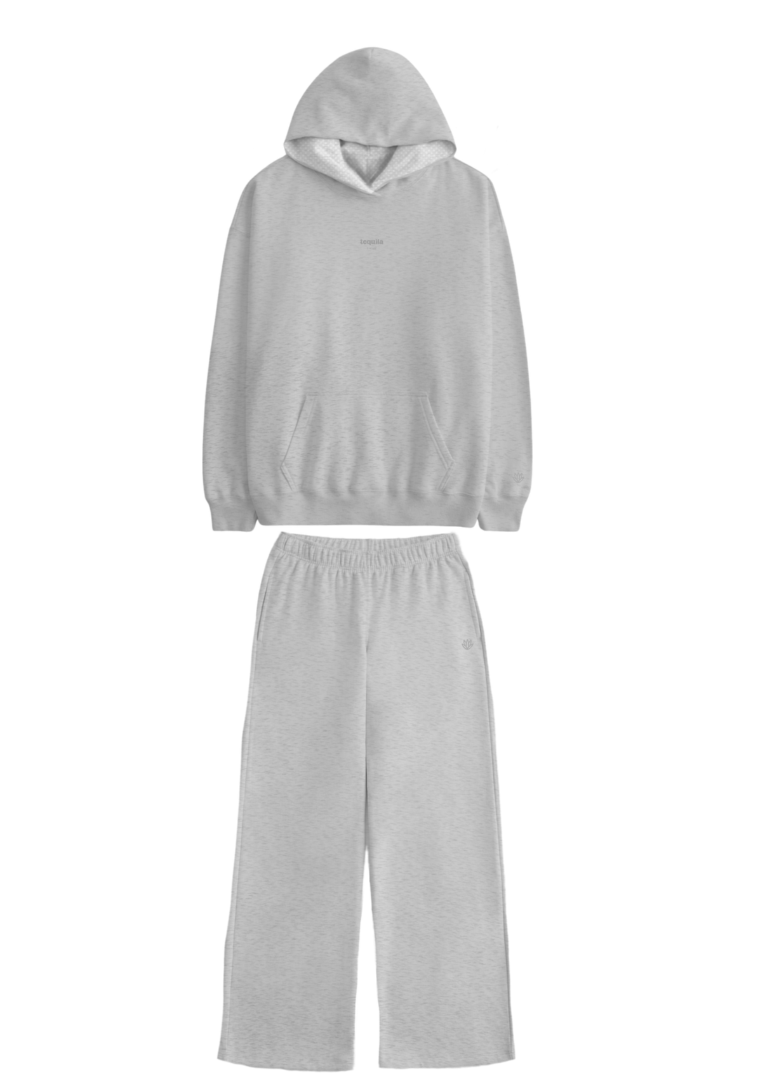 Light grey hoodie with kangaroo pocket and matching wide-leg Bunny Sweatpants with elastic waistband laid flat on white background
