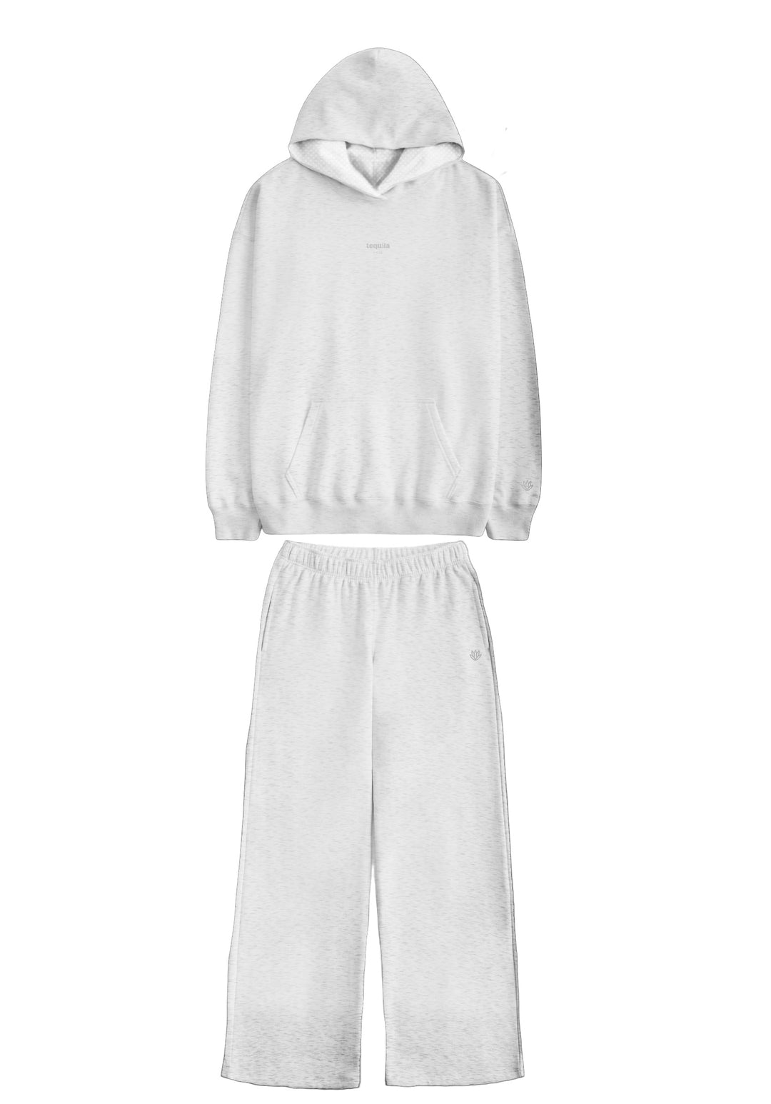 Light gray Bunny Hug Hoodie and wide-leg pants lounge set with hood and front pocket, designed for comfort and casual wear.