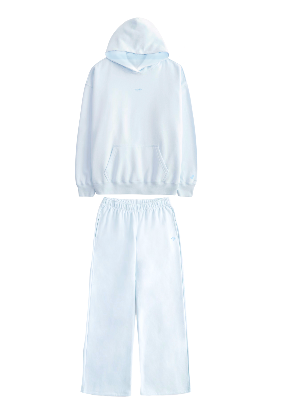 Light blue Bunny Hug Hoodie with matching wide-leg pants, cozy and perfect for lounging or casual wear.