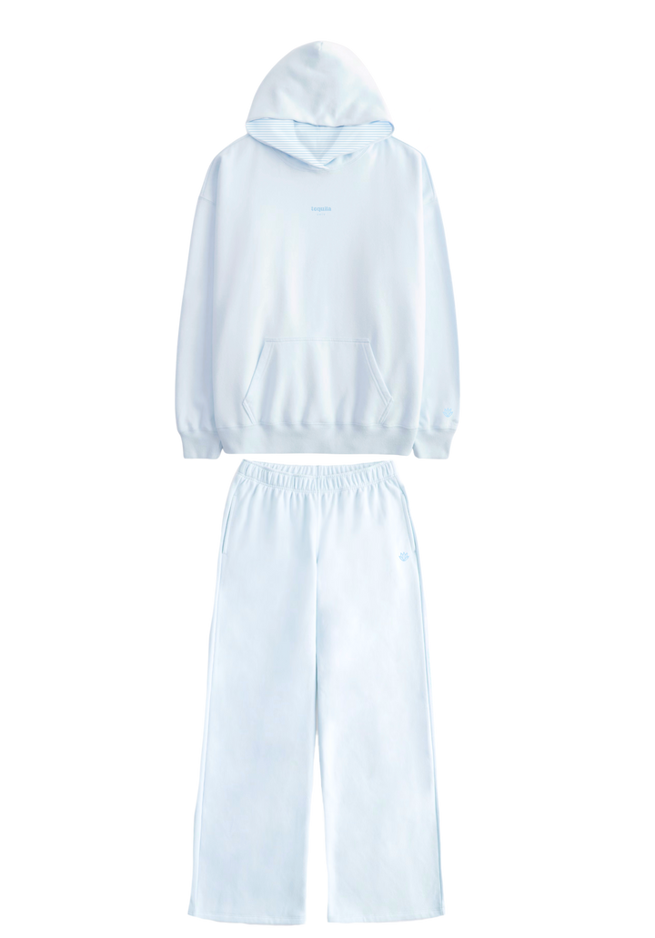 Light blue Bunny Hug Hoodie with matching wide-leg pants, cozy and perfect for lounging or casual wear.