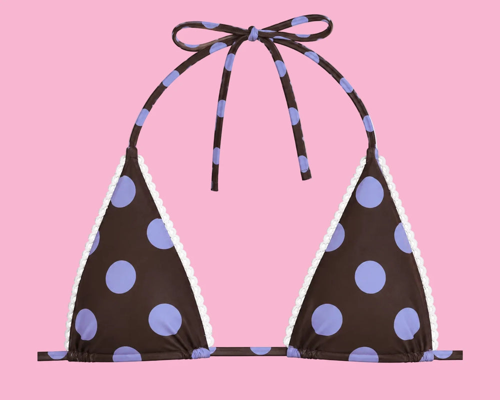 Tequila Swim Ellie Triangle Top in Indio black with periwinkle polka dots, flat lay front view
