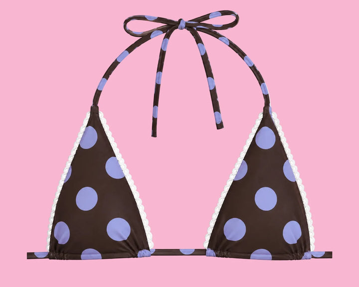 Tequila Swim Ellie Triangle Top in Indio black with periwinkle polka dots, flat lay front view