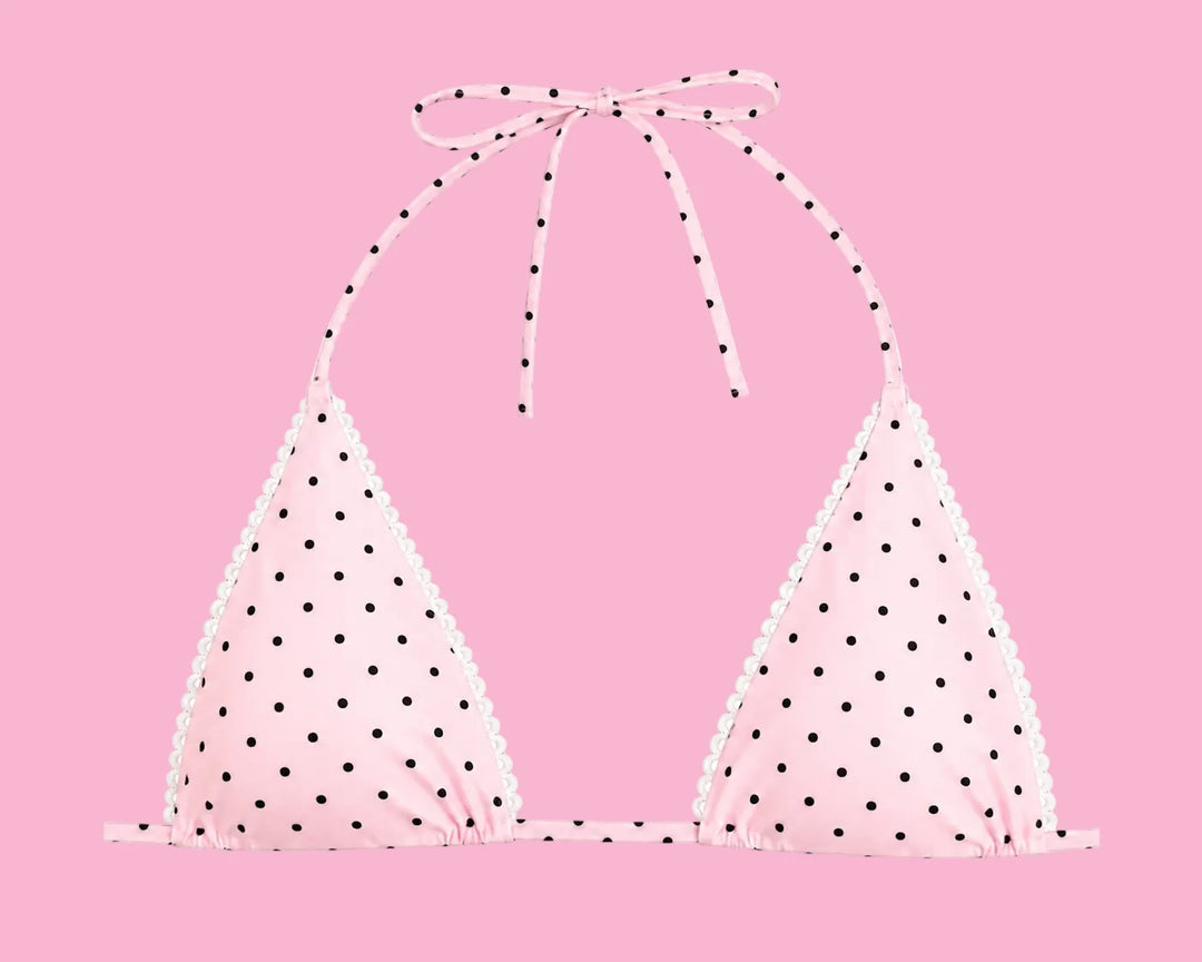 Tequila Swim Ellie triangle top in Palm Springs polka dot print, flat lay front view