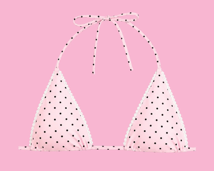 Tequila Swim Ellie triangle top in Palm Springs polka dot print, flat lay front view