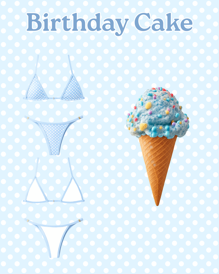 Light blue reversible bikini bottoms and tops with white polka dots beside birthday cake ice cream cone on blue background