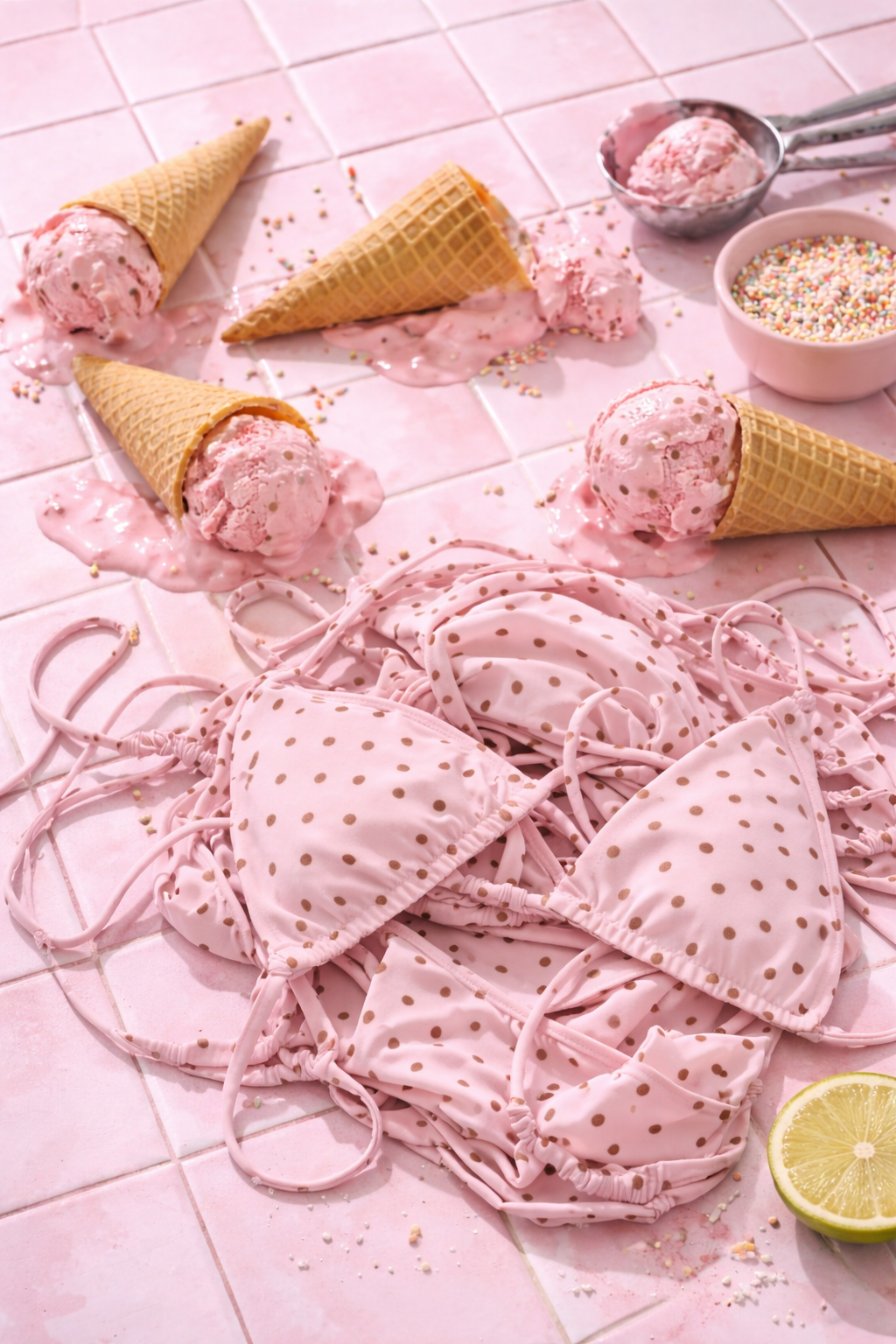 Pink polka dot triangle bikini top and bottoms styled with melting strawberry ice cream cones and sprinkles on pink tiles