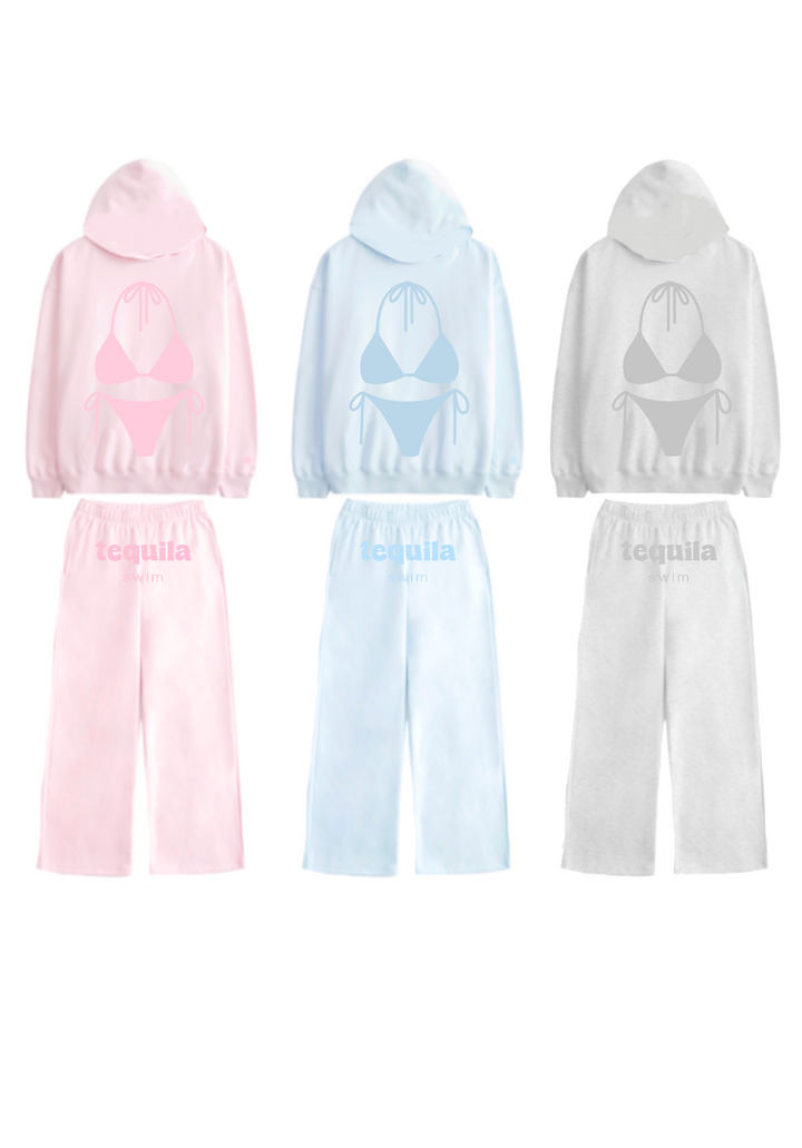 Three pastel-colored hoodies and matching sweatpants sets with bikini graphic and "tequila swim" text on back.