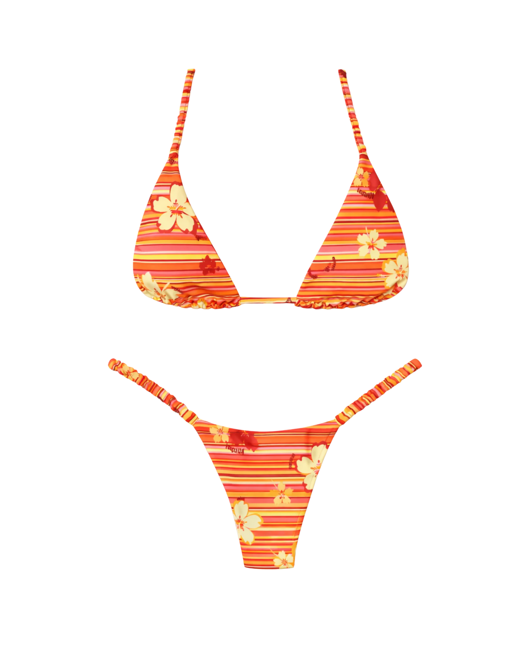Orange striped bikini set with yellow and red hibiscus floral print and ruched detailing on straps and waistband