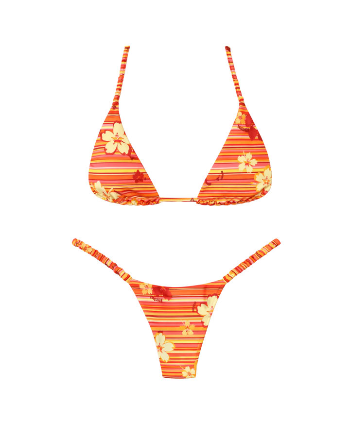 Orange striped bikini set with yellow and red hibiscus floral print and ruched detailing on straps and waistband