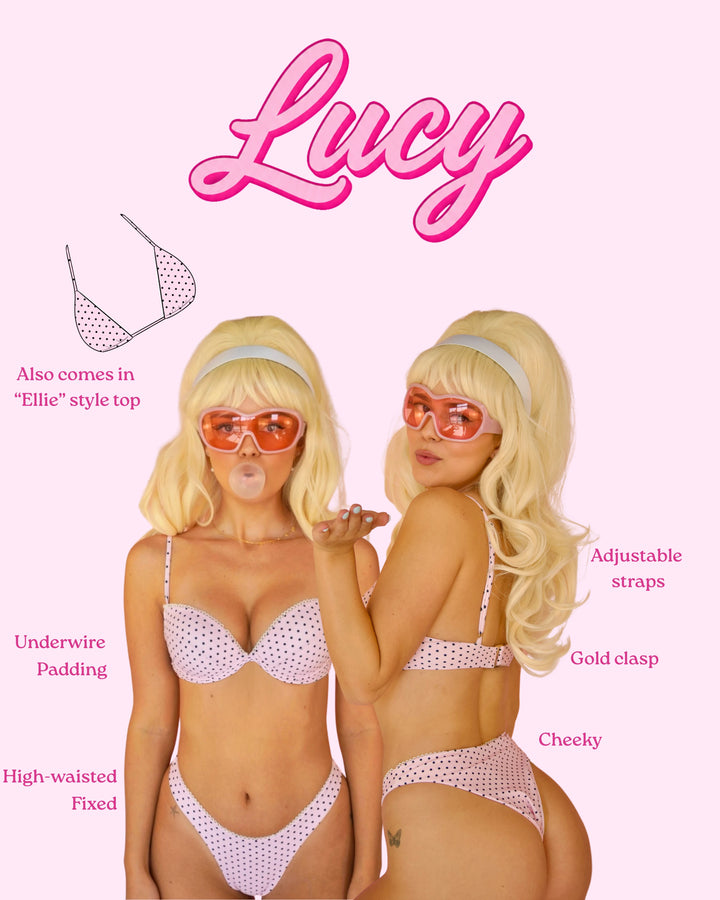 Tequila Swim Lucy bikini set in pink polka dot, front and back lifestyle view