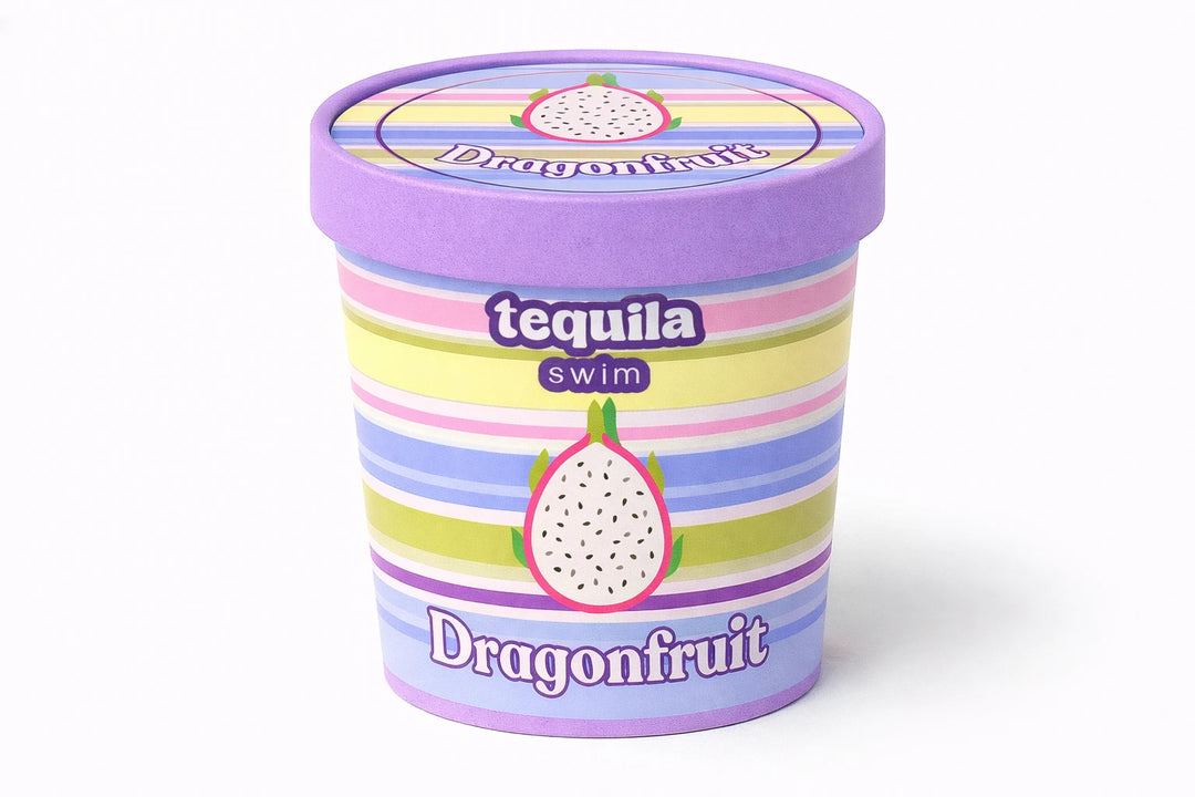 Tequila Swim McKenna bikini set in dragonfruit rainbow stripes with dragon fruit graphic, front view