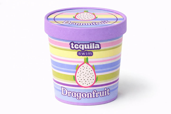 Tequila Swim McKenna bikini set in dragonfruit rainbow stripes with dragon fruit graphic, front view