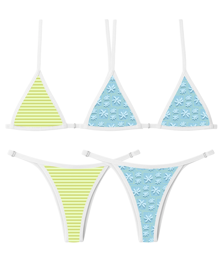 Two triangle bikini tops and matching thong bottoms laid flat, one set striped light green, the other light blue with floral tile pattern