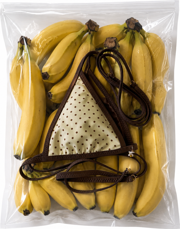 Horse bridle with a polka dot pattern on top of bananas in clear packaging