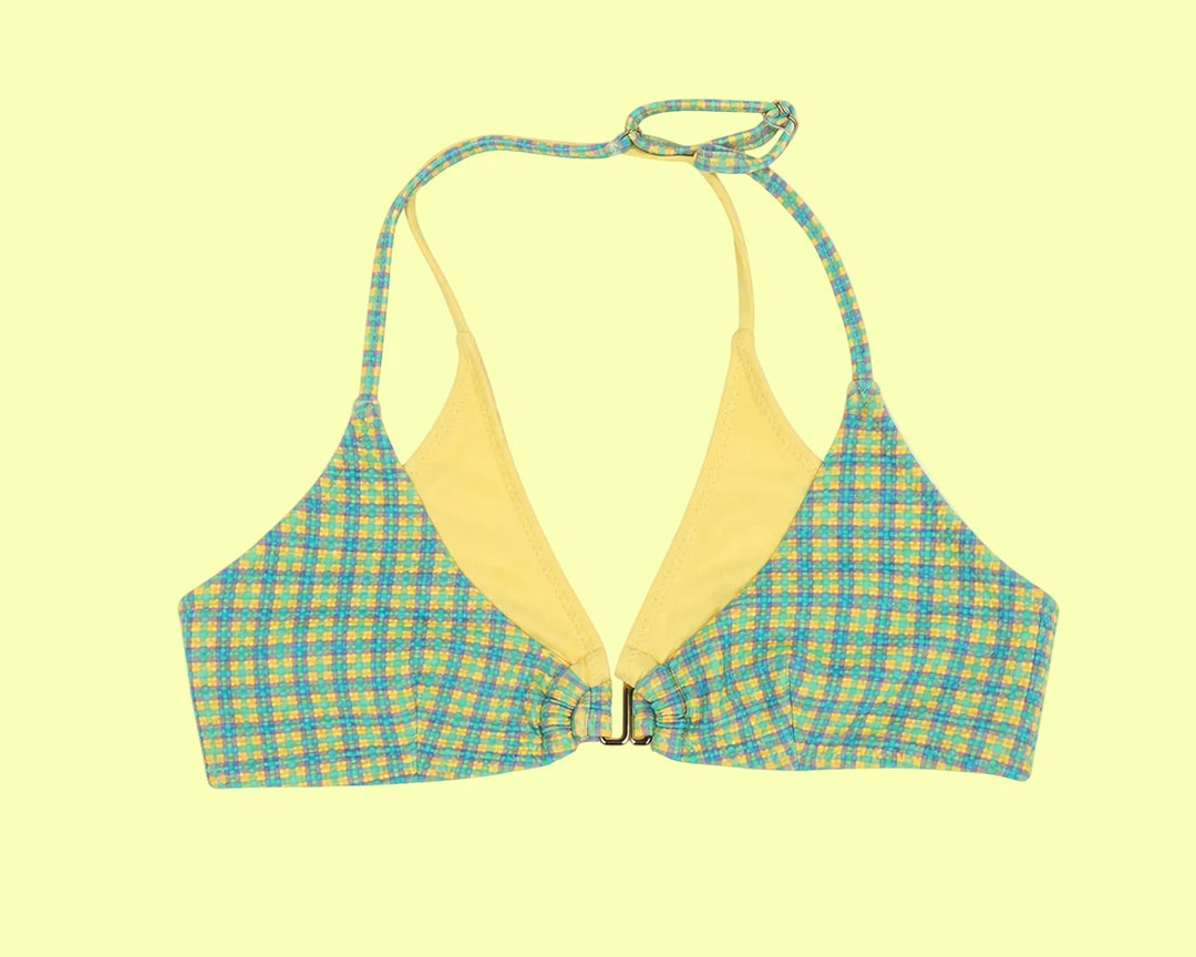 Tequila Swim Mikayla String Top in Starfruit blue and yellow checked pattern, flat lay view