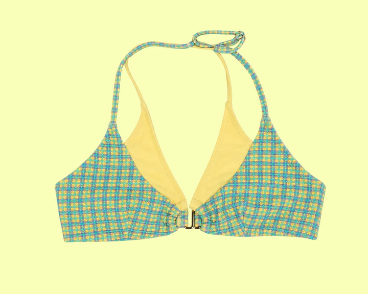 Tequila Swim Mikayla String Top in Starfruit blue and yellow checked pattern, flat lay view