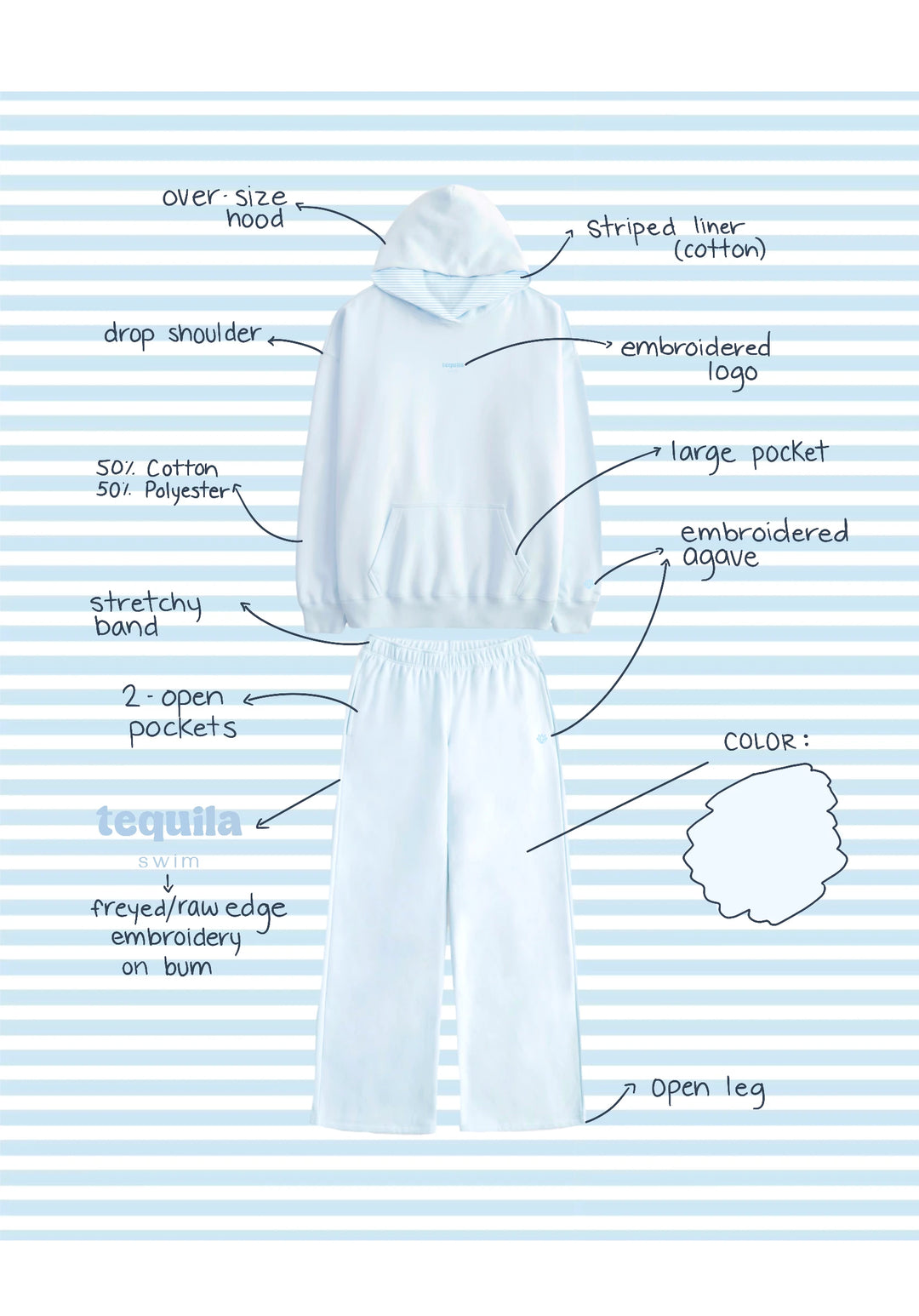 Light blue oversized hoodie with striped cotton liner and matching pants with open leg and pockets on blue stripes background