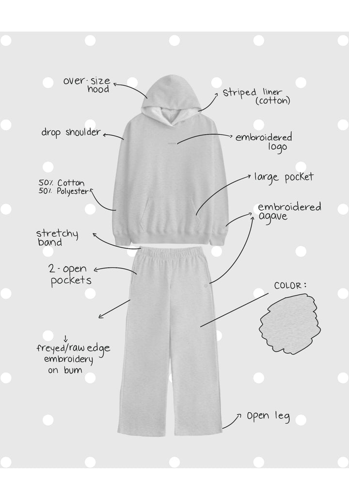 Light grey hoodie and wide leg pants set with embroidered details and striped cotton liner on hood shown flat with annotations