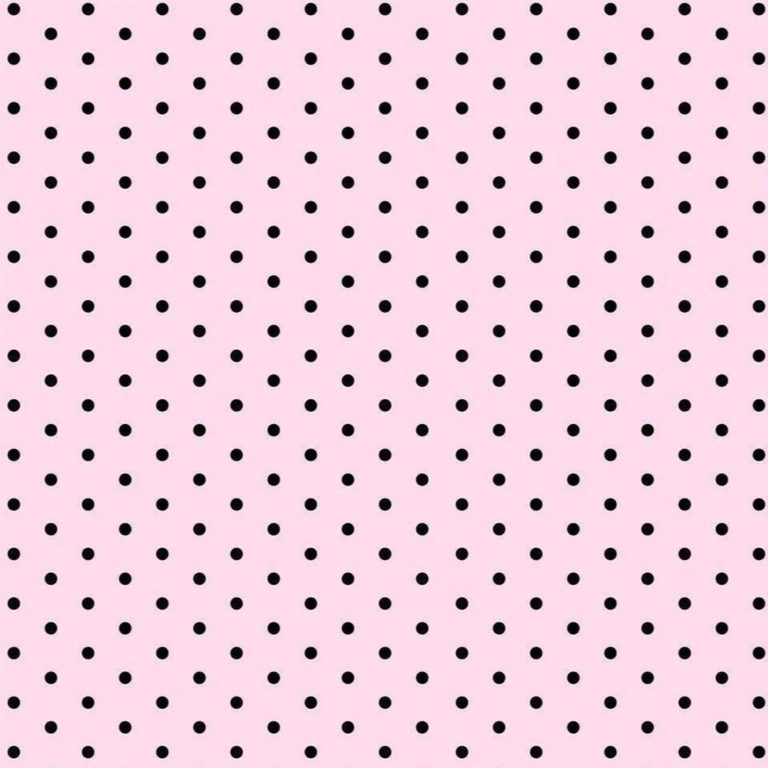 A repeating pattern of small black polka dots on a light pink background.