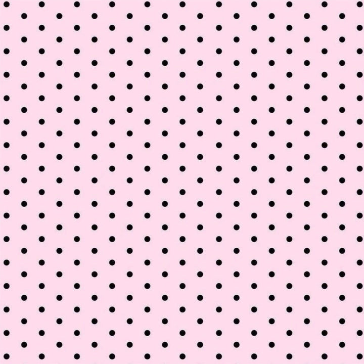 A repeating pattern of small black polka dots on a light pink background.
