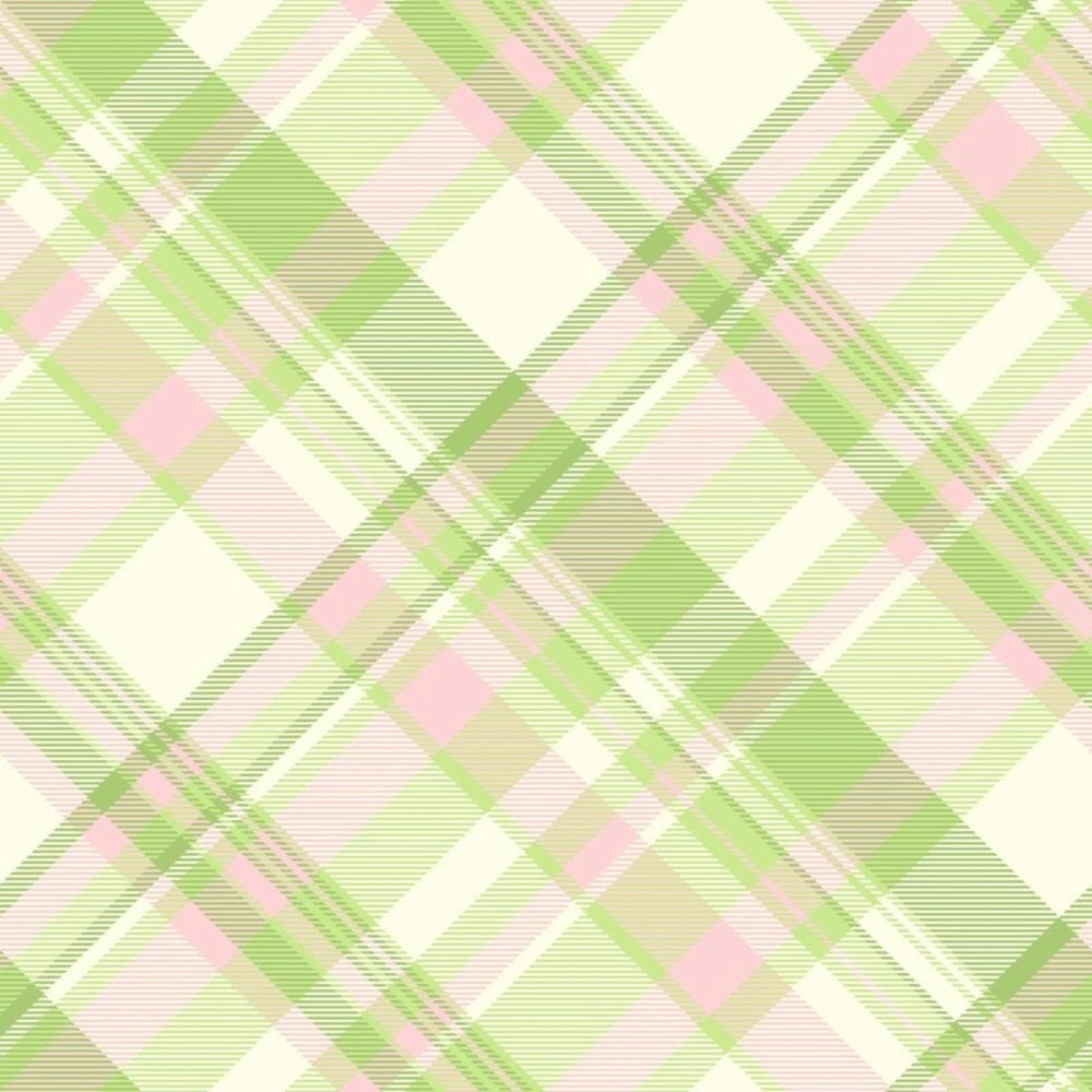 A repeating plaid pattern in soft pastel green, light pink, and off-white, with diagonal stripe lines forming the plaid design.