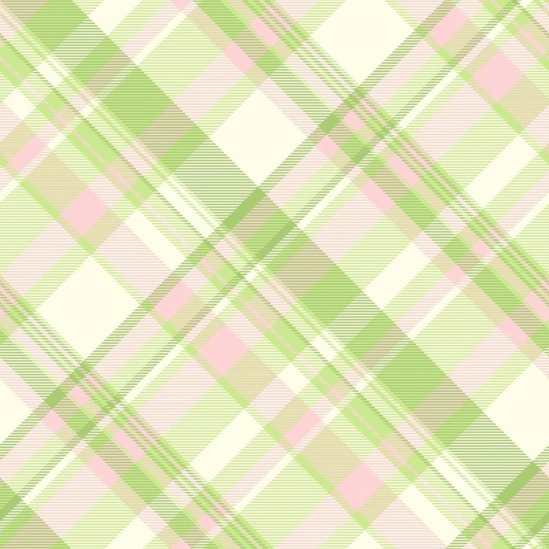 A repeating plaid pattern in soft pastel green, light pink, and off-white, with diagonal stripe lines forming the plaid design.