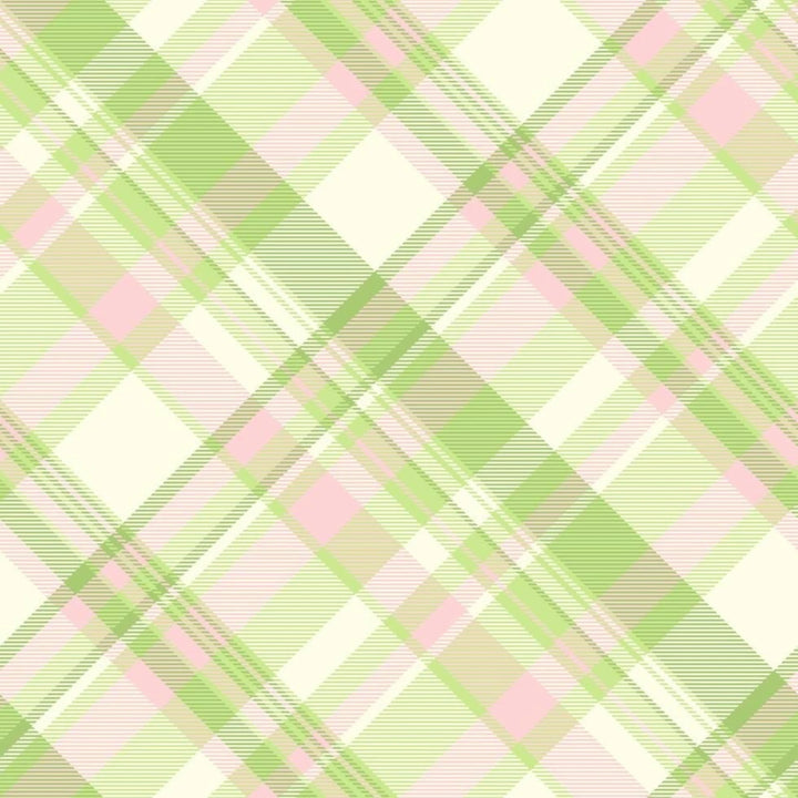 A repeating plaid pattern in soft pastel green, light pink, and off-white, with diagonal stripe lines forming the plaid design.